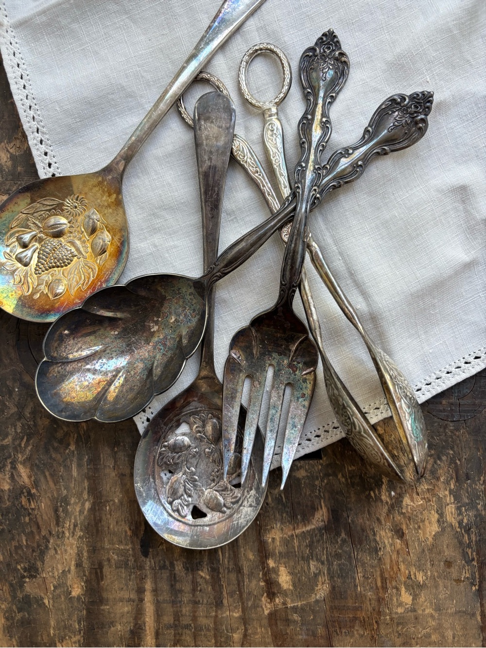 Vintage Silver-Tone Decorative Serving Utensils - Tarnished Silver Finish Lot